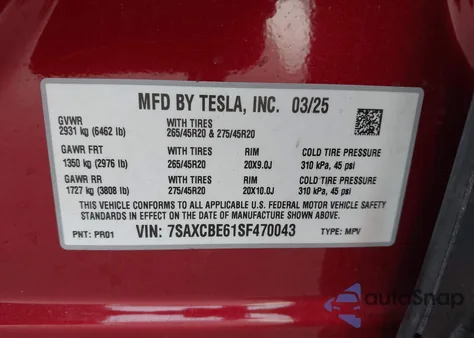 2025 Tesla Model X Plaid из США, поврежденный, VIN 7SAXCBE61SF470043